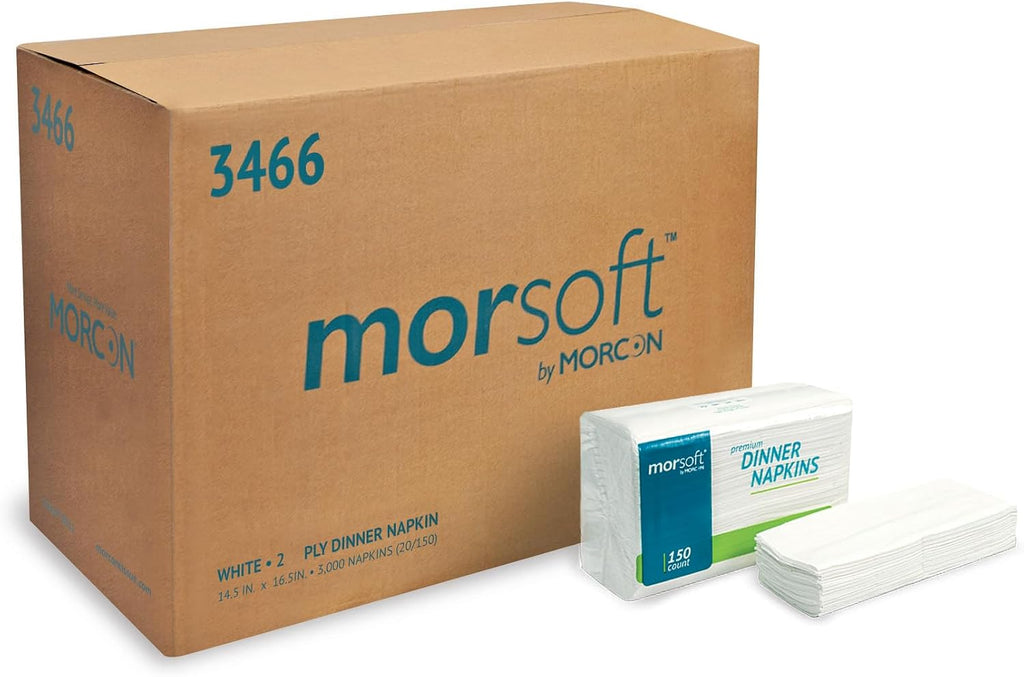 Morsoft by Morcon Commercial Dinner Napkins, 2-Ply, 14.2 in. x 16.5 in., White, 20 packs of 150 Napkins, 3,000 count