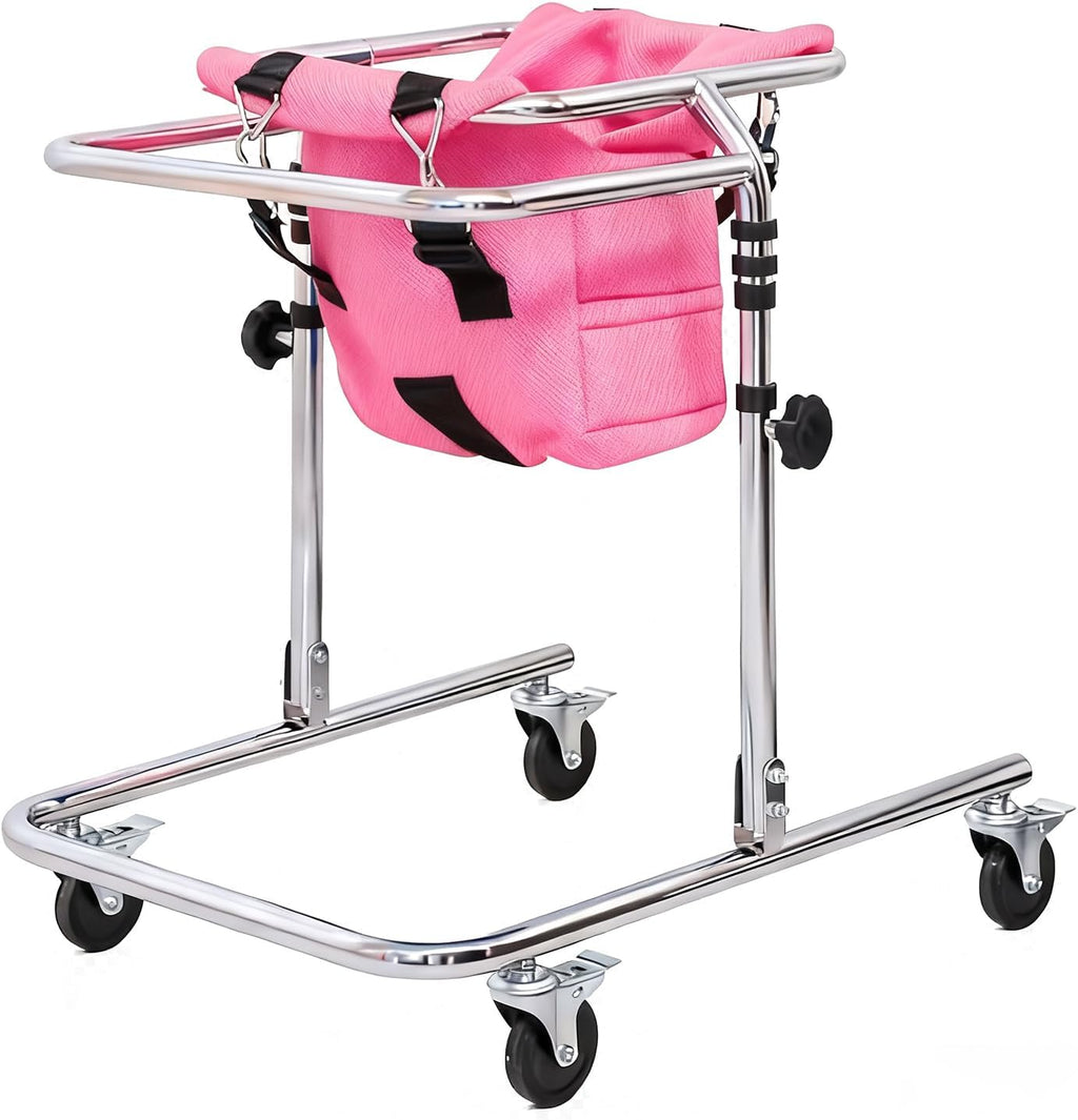 Folding Walking Frame for 31.5-47.2in Height Kids, Adjustable Child Walker with Seat and Wheels, Mobility Aid Rollator for Cerebral Palsy Rehabilitation Training (Pink)