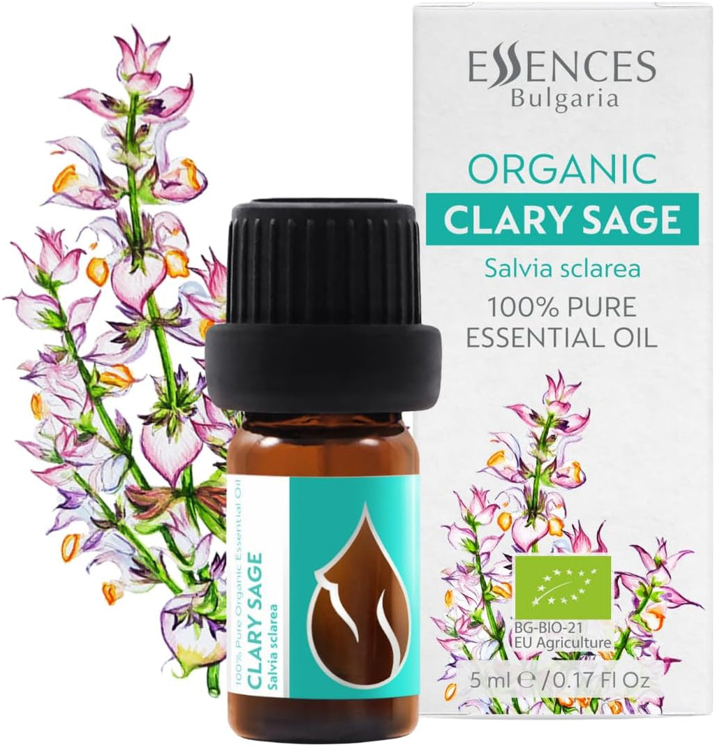 Essences Bulgaria Organic Clary Sage Essential Oil 1/6 Fl Oz | 5ml | Salvia sclarea | 100% Pure and Natural | Undiluted | Therapeutic Grade | Family Owned Farm | Steam-Distilled | Non-GMO | Vegan