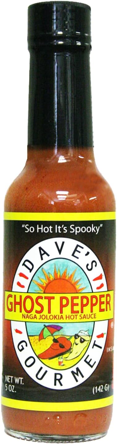 Dave's Gourmet Ghost Pepper Naga Jolokia Hot Sauce - Insanely Hot Plus Heat Level - Ghost Pepper Hot Sauce - Use on Wings, Stews, Potato Salad and More- Spicy Sauce for Chiliheads - 5oz (Pack of 1)