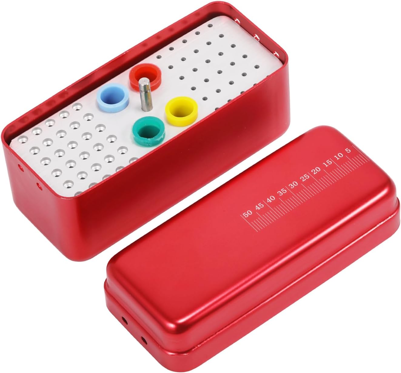 Annhua 60 Holes Dental Disinfection Burs Holder Station, Bur Block Organizer with Measurable Cover Autoclavable Aluminum Case for Lab, Dentist Tool - Red