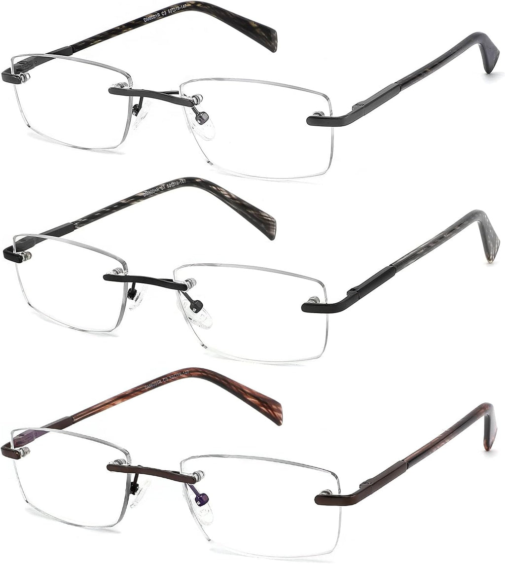 3 Pack Reading Glasses for Men Blue Light Blocking, Lightweight Rimless Metal Mens Eyeglasses Readers, Anti Eyestrain/Dryness/Computer Glare/UV 400, Spring Hinge Eyeglasses(150 Strength)