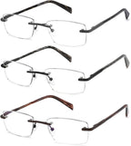 3 Pack Reading Glasses for Men Blue Light Blocking, Lightweight Rimless Metal Mens Eyeglasses Readers, Anti Eyestrain/Dryness/Computer Glare/UV 400, Spring Hinge Eyeglasses(150 Strength)