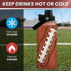 Football Water Bottle - 32oz Insulated Stainless Steel Sports Bottles - Gifts for Men Football Lovers Fan Players