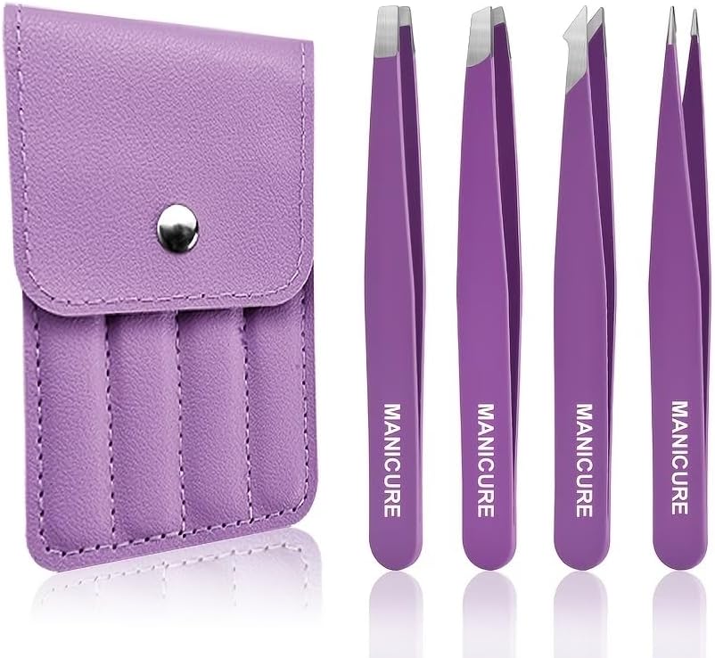 Professional 4-Piece Stainless Steel Tweezers Set for Eyebrow Shaping, Hair Removal, and Makeup Application with Eyelash Extension Clips (Purple)