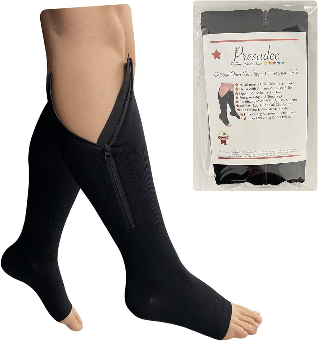 Presadee Original Open Toe 20-30 mmHg Firm Compression Circulation Zipper Socks (Black, L/XL)