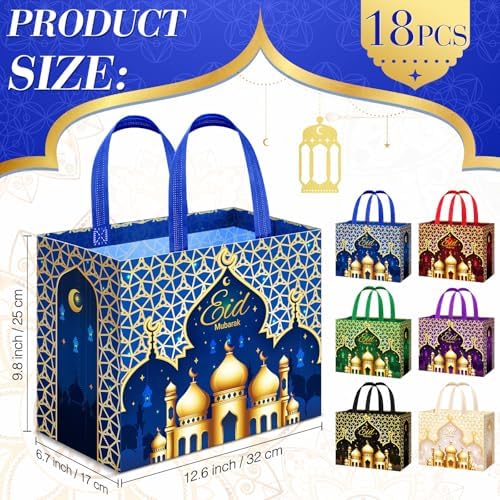 Yoojahow 18 Pcs Eid Mubarak Gift Bags with Handles 12.6 x 9.8 x 6.7 Inch Large Reusable Ramadan Tote Bags Eid Mubarak Non-Woven Treat Goodie for Gifts Wrapping Shopping Ramadan Party Supplies
