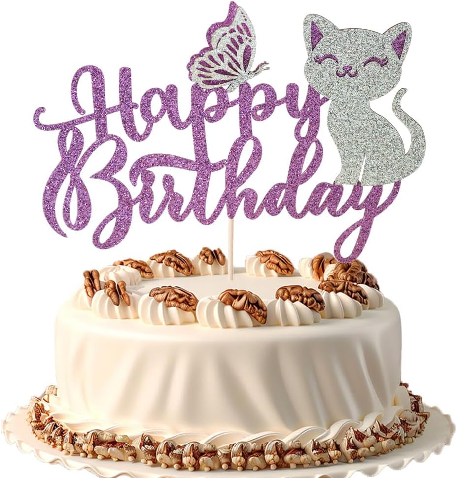 Cat Cake Topper, 3D Butterfly Kitten Pet Themed Birthday Cake Topper, Happy Birthday Cake Decor, Animal Theme, Baby Shower Cake Decor(3D Cat)