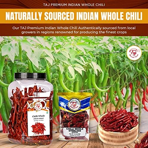 TAJ Premium Indian Whole Chilli (Whole Mirchi, without stem), (3.5 Ounce)