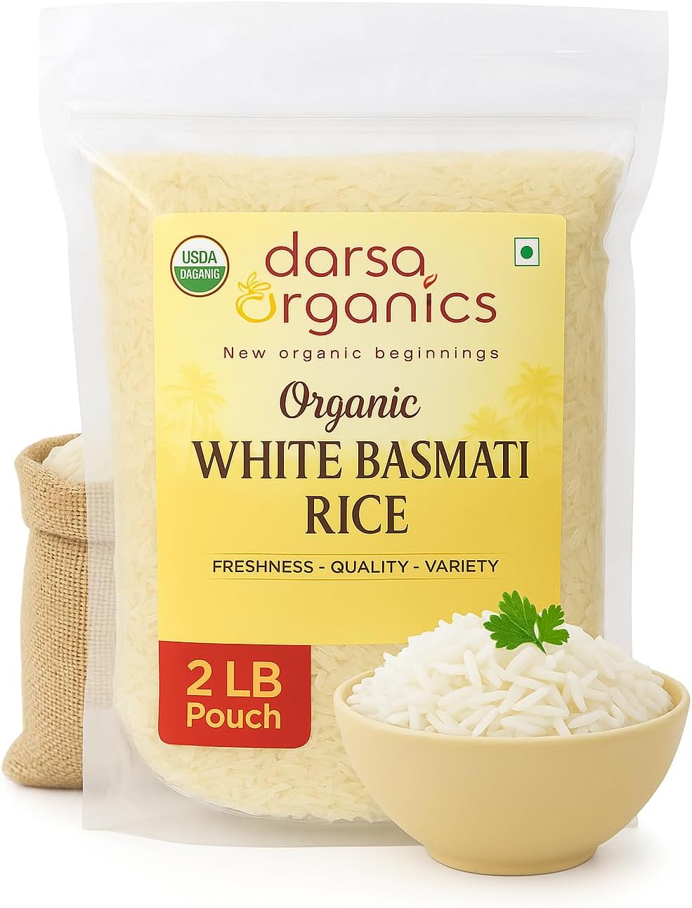 Darsa Organics White Basmati Rice (2lb) - USDA Organic Long Grain White Rice from India - Premium Aromatic & Fluffy Grains for Biryani & Pilaf - Non-GMO, Kosher, Vegan & Chemical-Free (Resealable Bag)