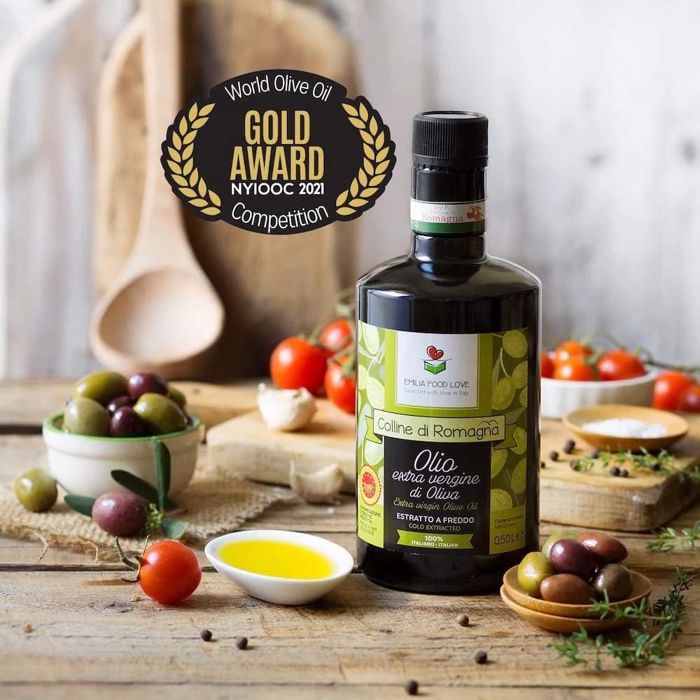 Extra Virgin Olive Oil DOP Made in Italy 16.9 FL.OZ (500ml) | Colline di Romagna GOLD AWARD at NYIOOC | EMILIA FOOD LOVE Selected with love in Italy