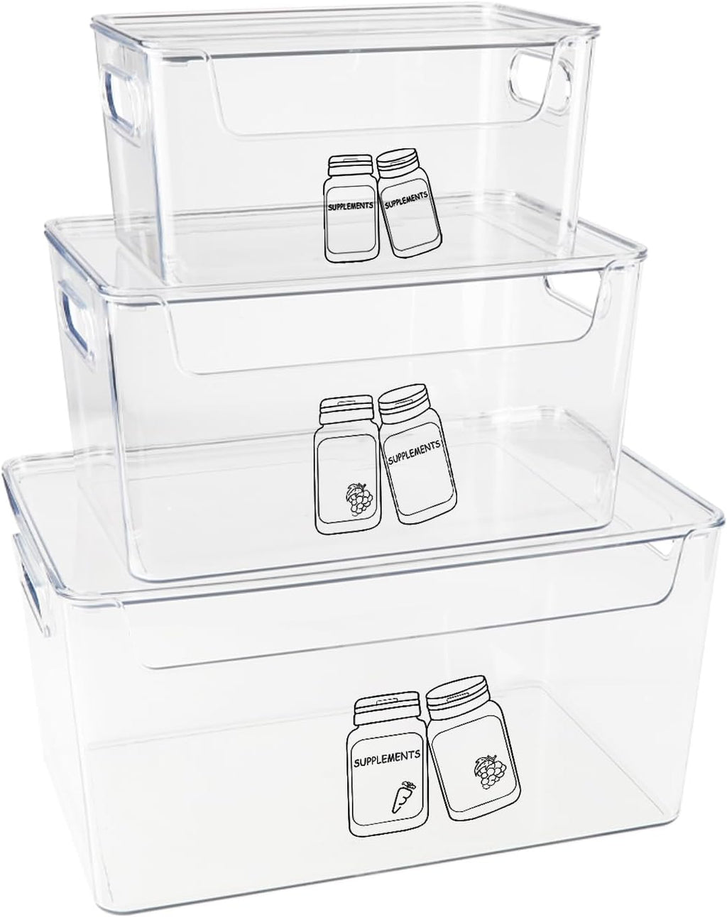 3 Pieces Supplement Bottle Organizer, Clear Plastic Vitamin Organizer with Lid and Handle, Stackable Pill Bottle Organizer, First Aid Box Empty for Vitamin, Medicine, Fish Oil & Supplements