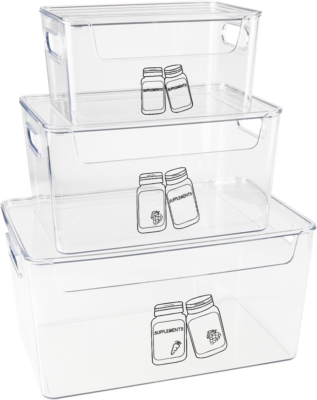 3 Pieces Supplement Bottle Organizer, Clear Plastic Vitamin Organizer with Lid and Handle, Stackable Pill Bottle Organizer, First Aid Box Empty for Vitamin, Medicine, Fish Oil & Supplements