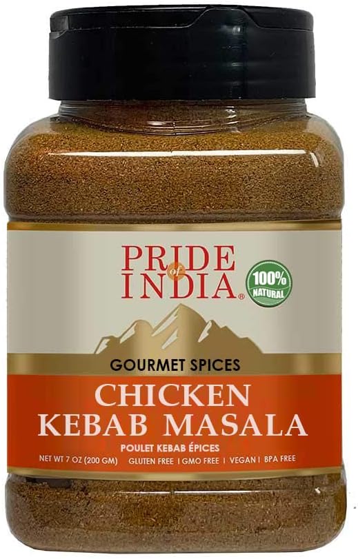 Pride of India Chicken Kebab Masala Seasoning 7 oz | Gourmet Spice Blend in Dual Sifter Jar for Chicken, Meat & Paneer | Smokey BBQ Rub for Grilling, Roasting, Tandoor, Marinade & Curry