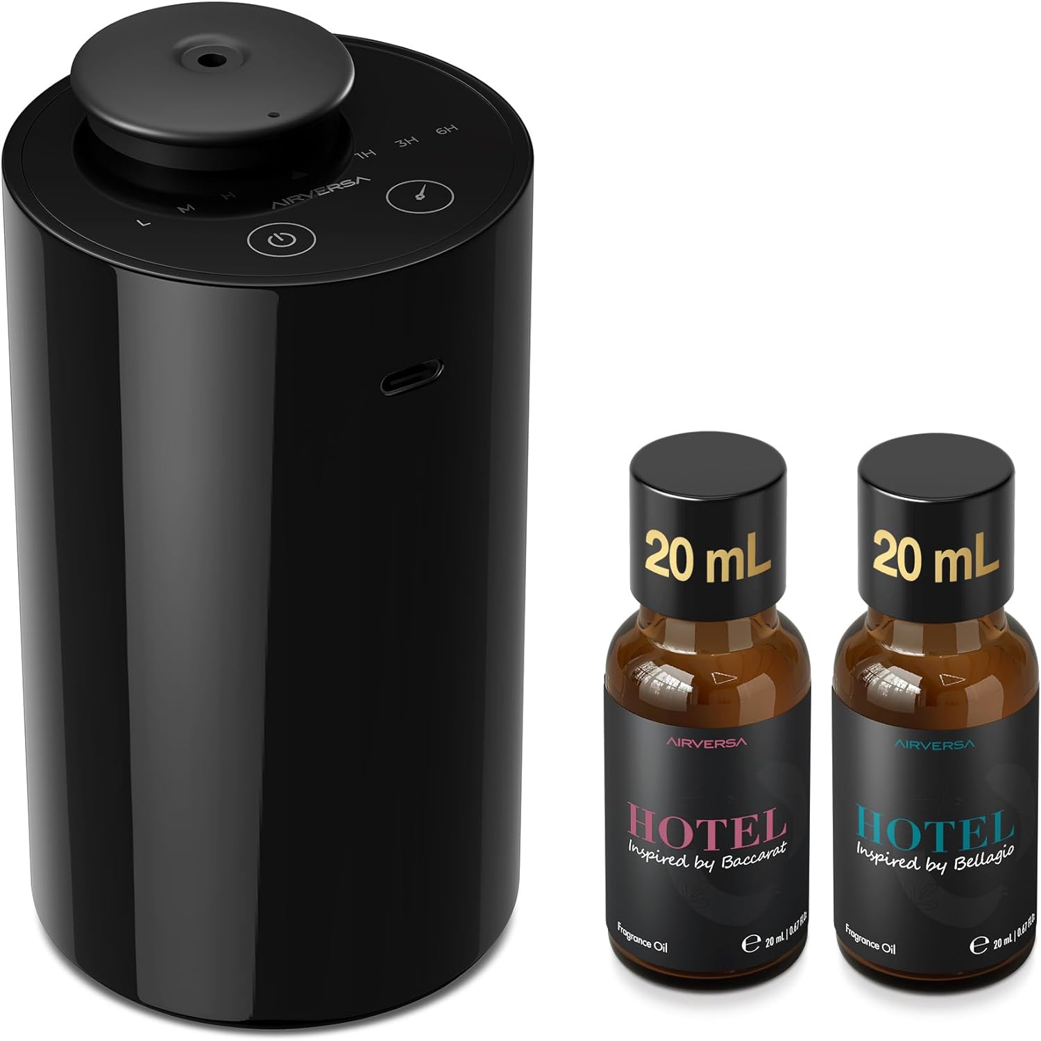 Airversa Waterless Essential Oil Diffuser Starter Kit with 2x20mL Hotel Fragrance Oils for Car Home Office, Cordless Battery Operated Scent Air Cool Mist Diffuser, Mist & Timers, AN6Kit-B Black