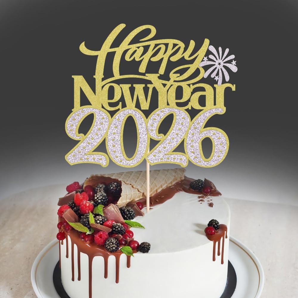 Happy New Year 2026 Cake Topper-Winter Xmas Holiday Cake Decor, Hello 2026 New Year's Eve/Christmas/Happy Holidays Party Decorations (Design 2-Gold Silver)
