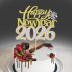 Happy New Year 2026 Cake Topper-Winter Xmas Holiday Cake Decor, Hello 2026 New Year's Eve/Christmas/Happy Holidays Party Decorations (Design 2-Gold Silver)