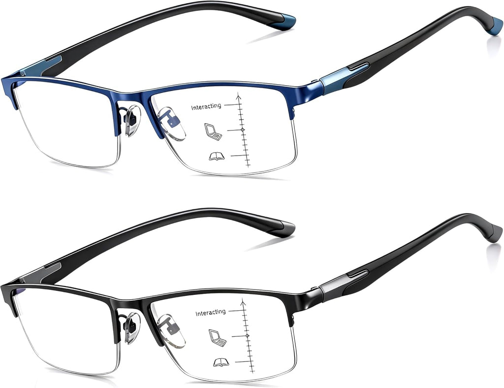 CARA Ultra Lightweight Progressive Multifocus Reading Glasses Men, Metal Frame Flexible TR90 Bi-color Temples with Blue Light/UV400 Protection Multifocal Computer Readers(Black+Blue, +2.50)