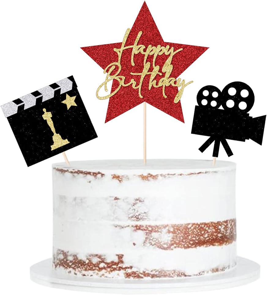 Happy Birthday Movie Cake Topper,Movie Night Cupcake Toppers Decoration,Hollywood theme Cake Party Decoration.