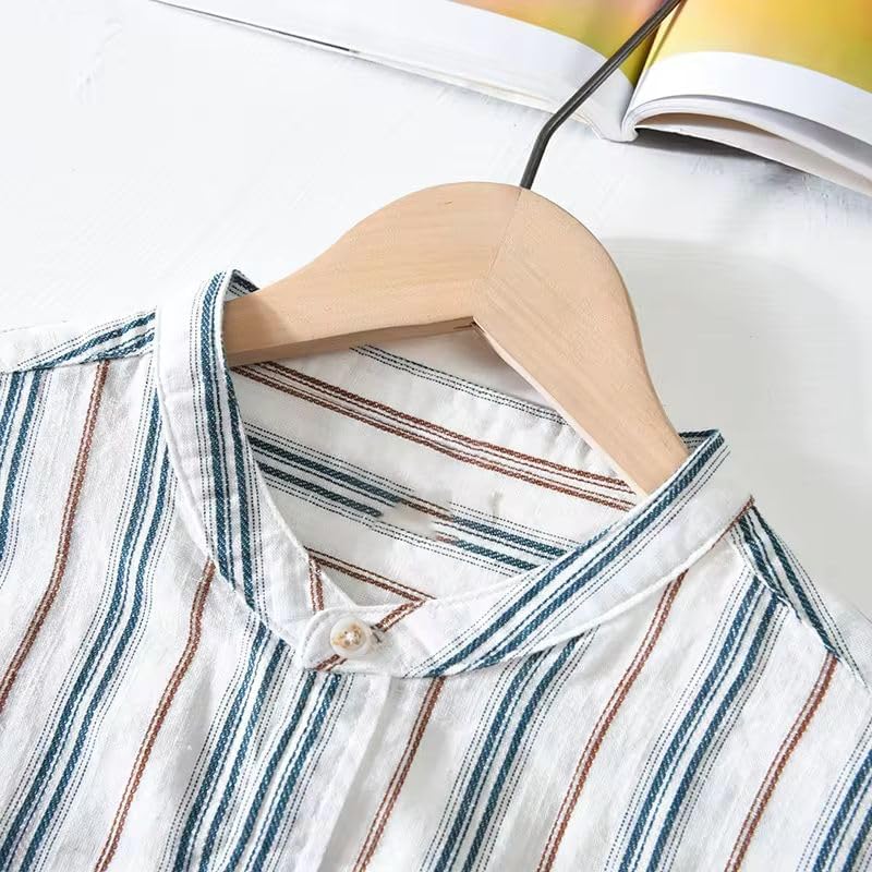 Men's Linen Three Quarter Sleeve Vertical Striped Shirt Loose Cotton Linen Half Sleeve Stand Collar Small Shirt