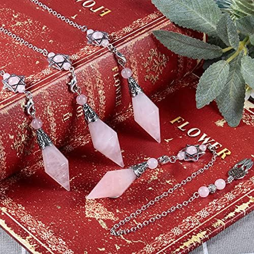 TUMBEELLUWA Reiki Healing Crystal Point Pendulum Dowsing Divination, Reiki Meditation Faceted Stone Pendant with Dream Catcher and Merkaba Star Chain, Rose Quartz