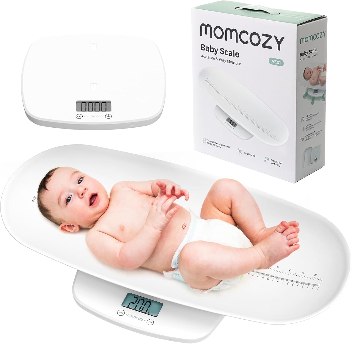 Momcozy Baby Scale, Multi-Function Scale for Body Weight and Height Measurement, Weighted Feeds, with Curved Removable Tray, for Newborns, Adult Scale & Pet Scale, 5 Units, Auto-Off,Digital LED Screen