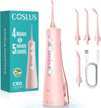 COSLUS C50 Portable Water Flosser for Teeth: 4 Modes & 5 Intensity Levels Professional Electric Dental Pick for Sensitive Gums, Braces & Orthodontic - Cordless for Travel Use, BPA-Free