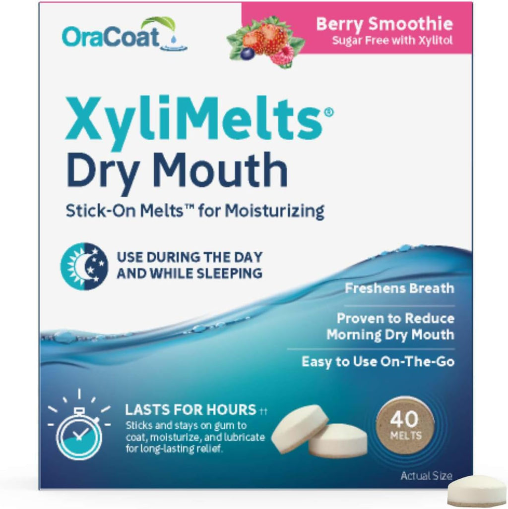 Oracoat XyliMelts for Dry Mouth Night Time or Day - Moisturizing Dry Mouth Adhering Discs, Sugar Free with Xylitol, 40 Count, Berry Smoothie Flavor, 8-Hour Relief