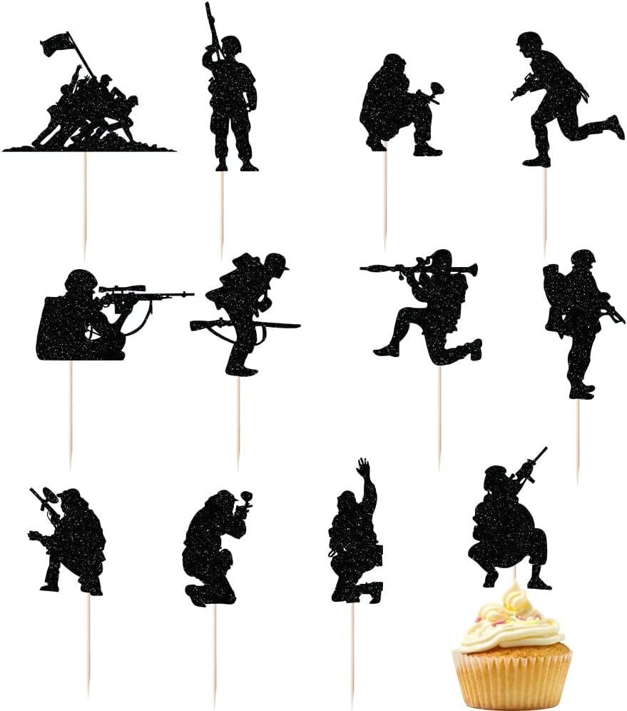 Military Themed Soldier Cake Toppers - 12 Pieces Paper Cups Black Glitter Soldier's Day, Veterans, Men's Birthday, Navy Army Special Forces Decorations