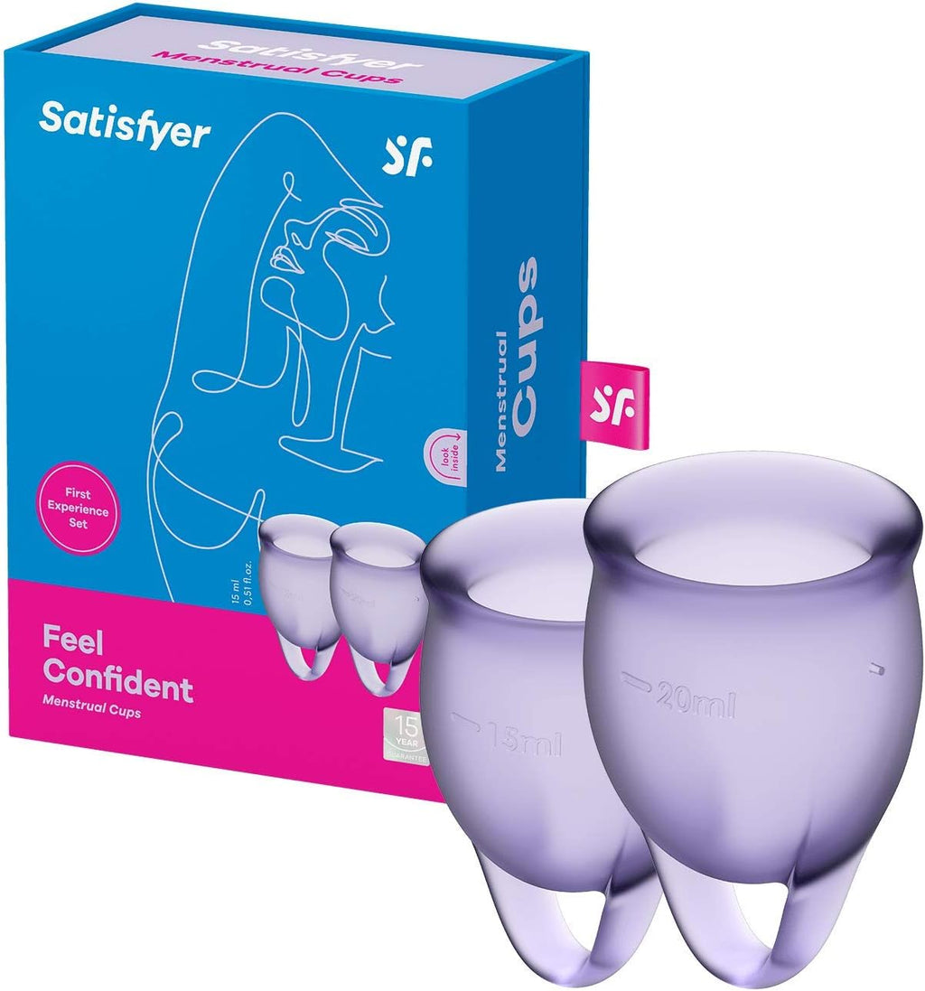 Satisfyer Feel Confident Menstrual Cup - Reusable Period Cup with Removal Ring - Soft, Flexible Body-Safe Silicone, Easy Insertion & Removal - Includes 2 Cup Sizes for All Flows (Purple)