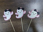 Ghost Cupcake Toppers Pink Glitter, Halloween Ghost Birthday Baby Shower Cupcake Toppers Ghost Food Cupcake Picks for Pink Halloween Baby Shower Birthday Party Cake Supplies - 24Pcs
