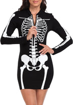 HDE Women's Skeleton Dress Spooky Long Sleeve Bones Mini Dress Halloween Party Costume Fitted Stretchy Bodycon with Half Zip
