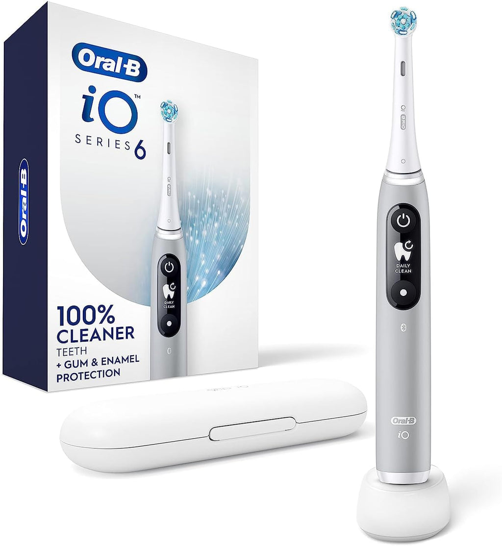 Oral-B Rechargeable Electric Toothbrush, iO6 Connected Coach, 5 Cleaning Modes, Visual Pressure Sensor to Protect Gums, Interactive Display, Travel Case, Gray Opal