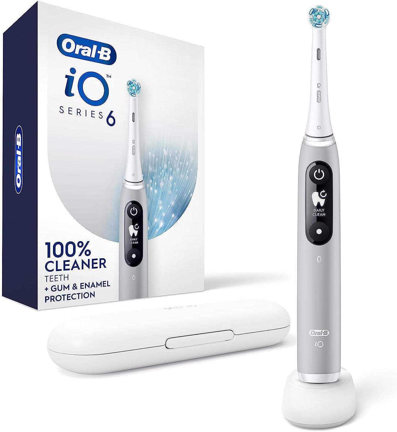 Oral-B Rechargeable Electric Toothbrush, iO6 Connected Coach, 5 Cleaning Modes, Visual Pressure Sensor to Protect Gums, Interactive Display, Travel Case, Gray Opal