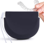 Retainer Case, Silicone Squeeze Top Retainer Holder with Lanyard, Slim Cute Aligner Case with Vent Holes, Portable Night Mouth Guard Container Denture Box for Travel (Black)