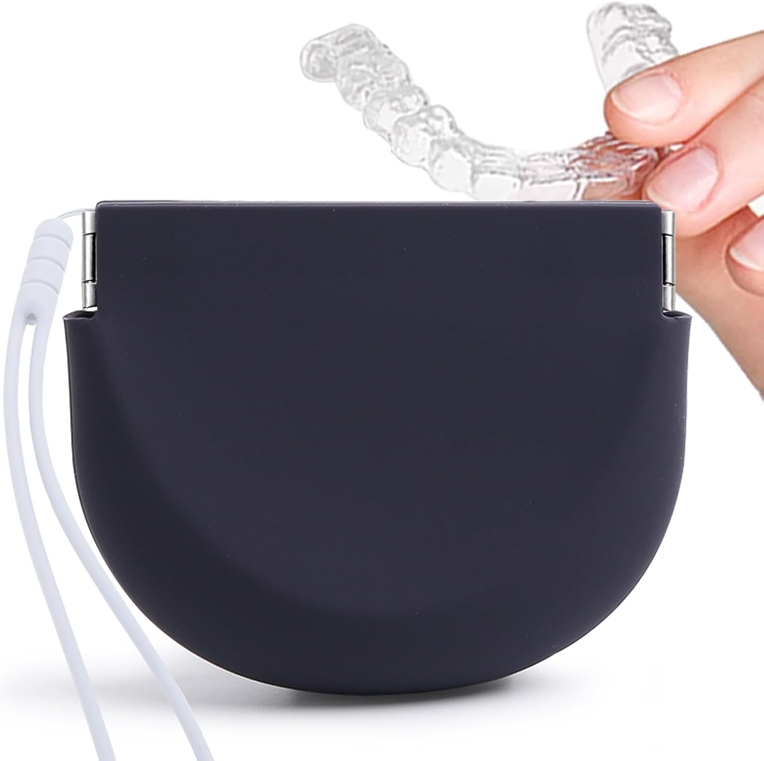 Retainer Case, Silicone Squeeze Top Retainer Holder with Lanyard, Slim Cute Aligner Case with Vent Holes, Portable Night Mouth Guard Container Denture Box for Travel (Black)