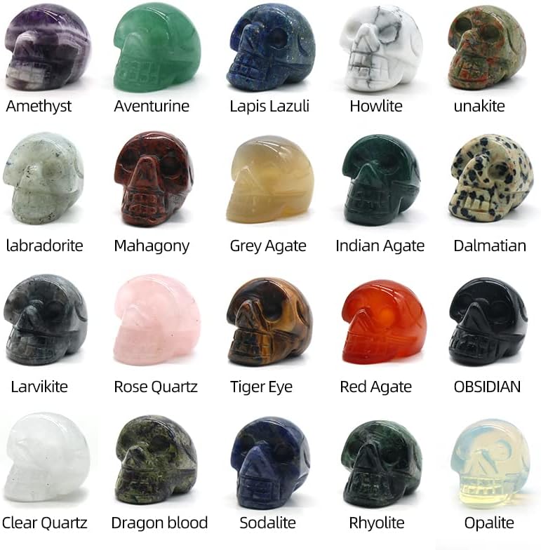 LE SKY 6 Pcs Natural Stone Decorations Skull Shape No Hole Healing Reiki Energy Quartz Crystal Palm Gemstones Statue Charms for Home Office Table Ornament Artwork