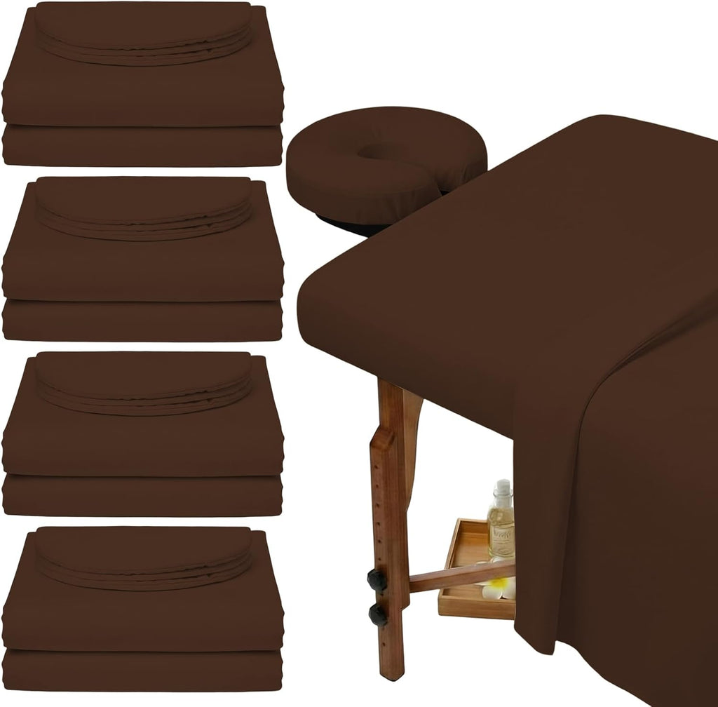 Oudain 4 Sets 3 Piece Soft Microfiber Massage Table Sheets Set Bulk Includes Massage Flat Sheet and Fitted Sheet and Face Rest Cover(Chocolate)