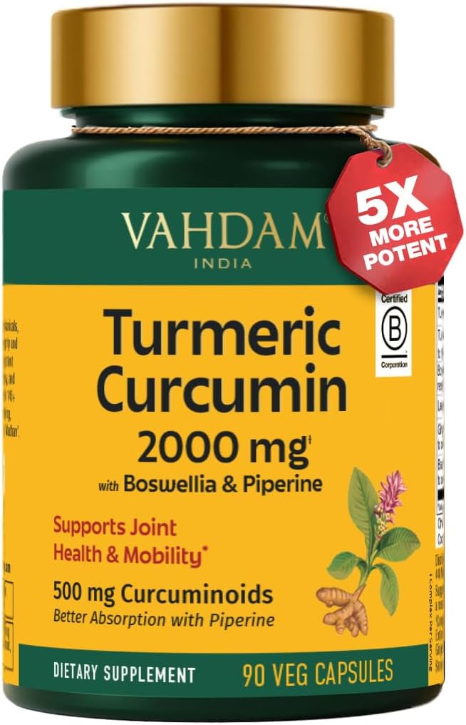 VAHDAM, Turmeric Curcumin Supplement 2000mg (500mg Curcuminoids) with Boswellia & Piperine for Fast Absorption | Supports Joint Health and Mobility | 90 Capsules