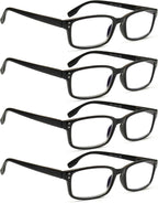 Kerecsen 4 Pack Reading Glasses for Men and Women with Spring Hinges, Lightweight Black Rectangular Readers Eyeglasses (4BLACK, 1.25, x)