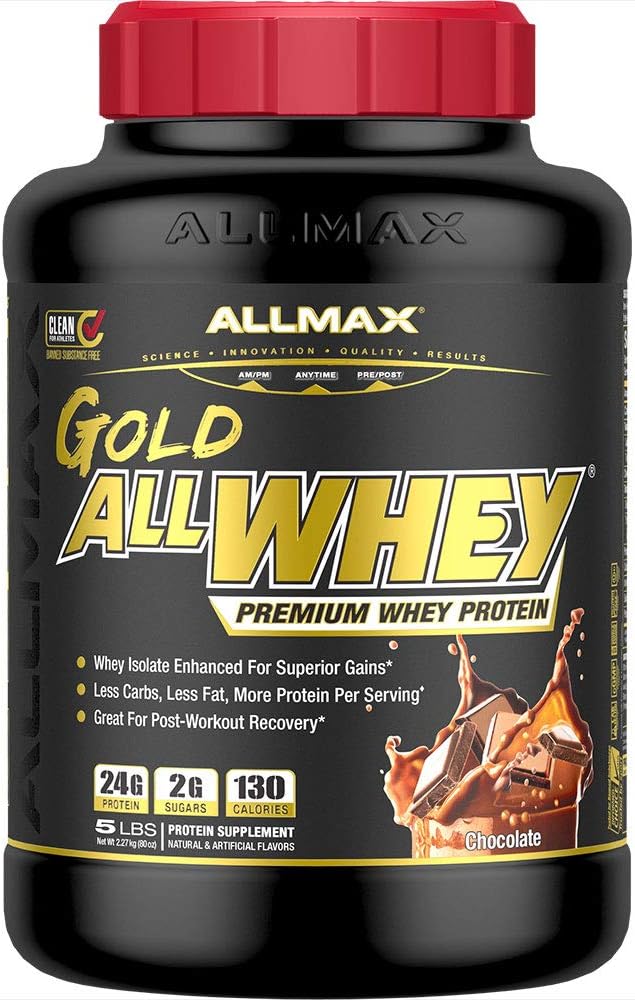 ALLMAX Gold ALLWHEY, Chocolate - 5 lb - 24 Grams of Protein Per Scoop - Gluten Free, Low Carb & Low Sugar - Approx. 71 Servings