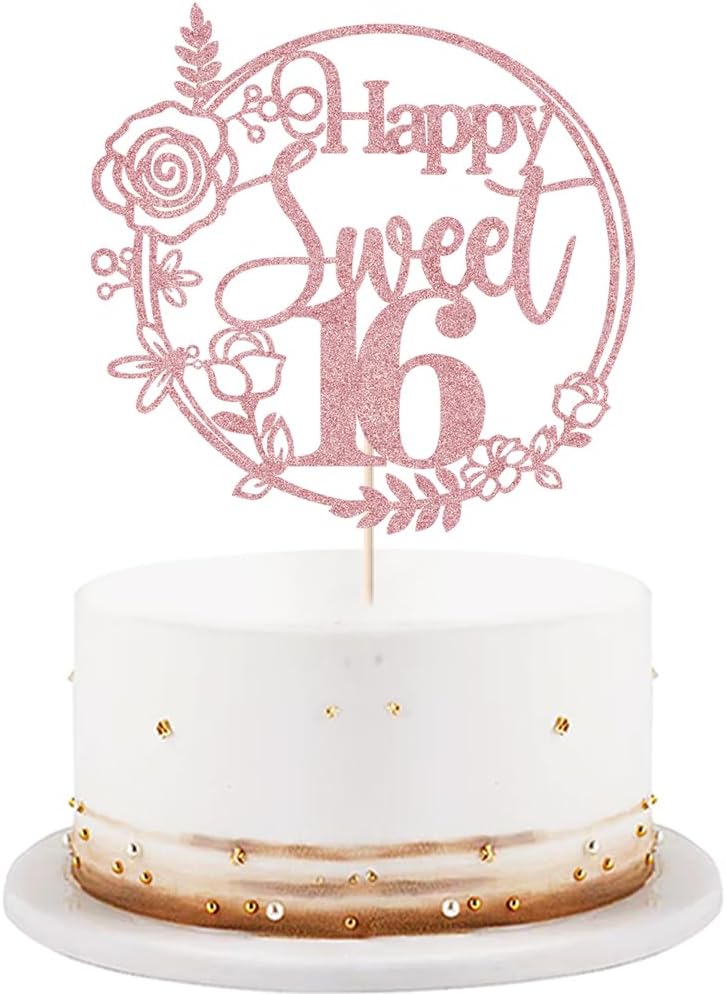 Rose Gold Glitter Happy Sweet 16 Cake Topper - Happy 16th Birthday Cake Decor - Hello 16, Cheers to 16 Years Birthday Party Decoration Supplies (rose gold)