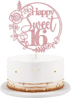 Rose Gold Glitter Happy Sweet 16 Cake Topper - Happy 16th Birthday Cake Decor - Hello 16, Cheers to 16 Years Birthday Party Decoration Supplies (rose gold)