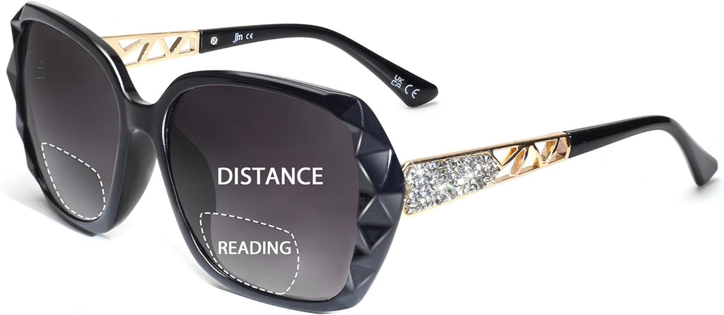 JM Bifocal Reading Sunglasses for Women Fashion Oversized Square Sun Readers Outdoor Reading Glasses UV400 Protection Black +2.5
