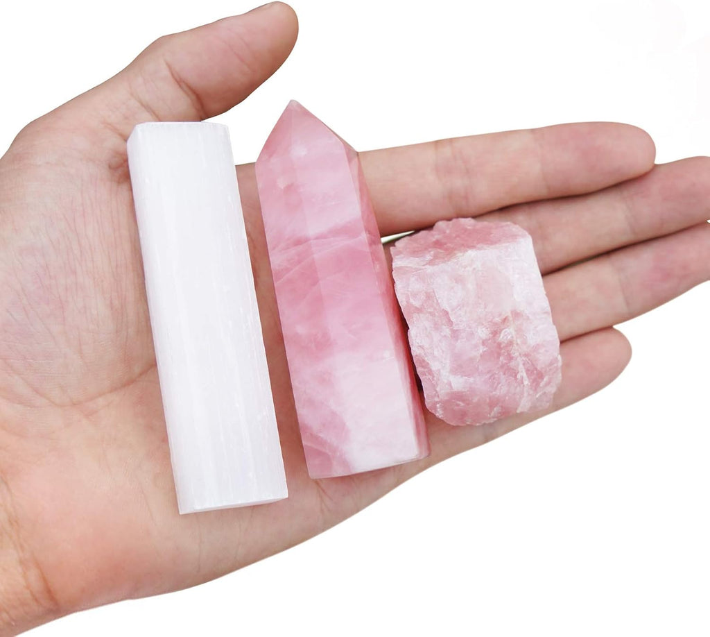 MIMOSA Healing Crystal Wand Rose Quartz, Raw Rose Quartz &Selenite