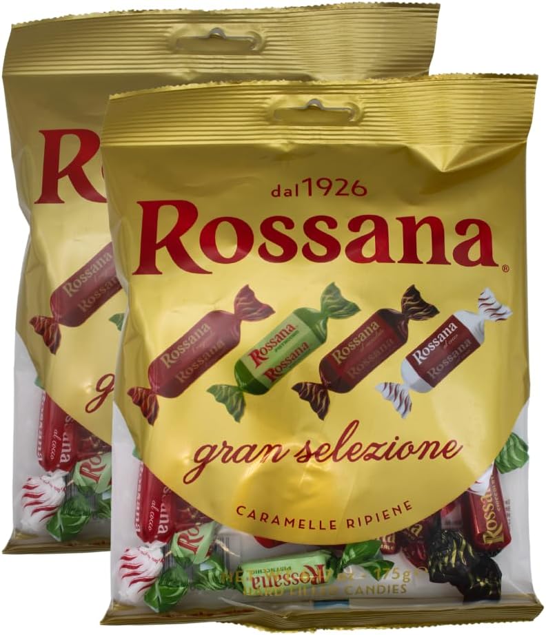Fida Rossana Gran Selezione Hard Filled Candy, Rossana Classic, Rossana Coconut, Rossana Pistacchio, Rossana Chocolate Assortment, 175 Grams, Pack of 2, Imported Italian Candy, Packed in a Blue Desert Market Bag