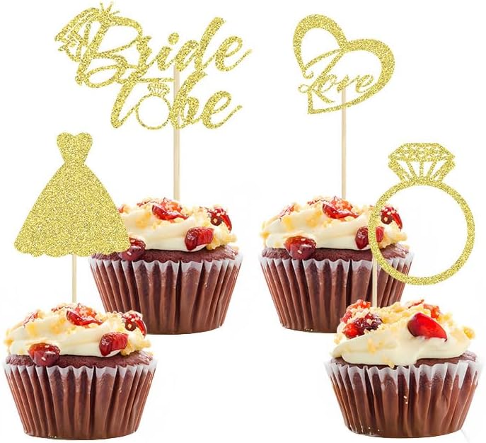 24 Pcs Bride to Be Cupcake Toppers Gold Glitter with Heart Ring Dress Bridal Shower Wedding Engagement Bachelorette Party Cake Decorations Supplies