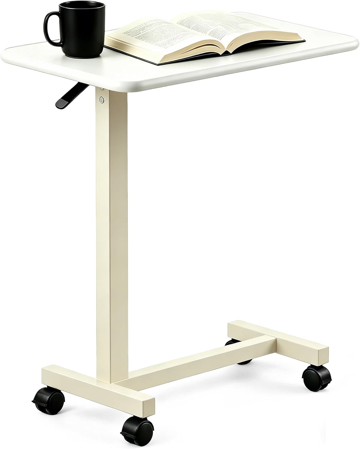 Adjustable Overbed Table with Wheels, Pneumatic Height Lift Rolling Bedside Table, Standing Desk for Home & Office Use, Ideal for Seniors & Limited Mobility(White)