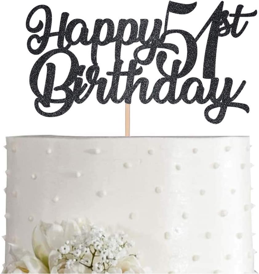 Black Happy 51st Birthday Cake Topper, Black Glitter Cheers To 51 Years Party Cakes Decorations, Supply