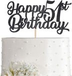 Black Happy 51st Birthday Cake Topper, Black Glitter Cheers To 51 Years Party Cakes Decorations, Supply
